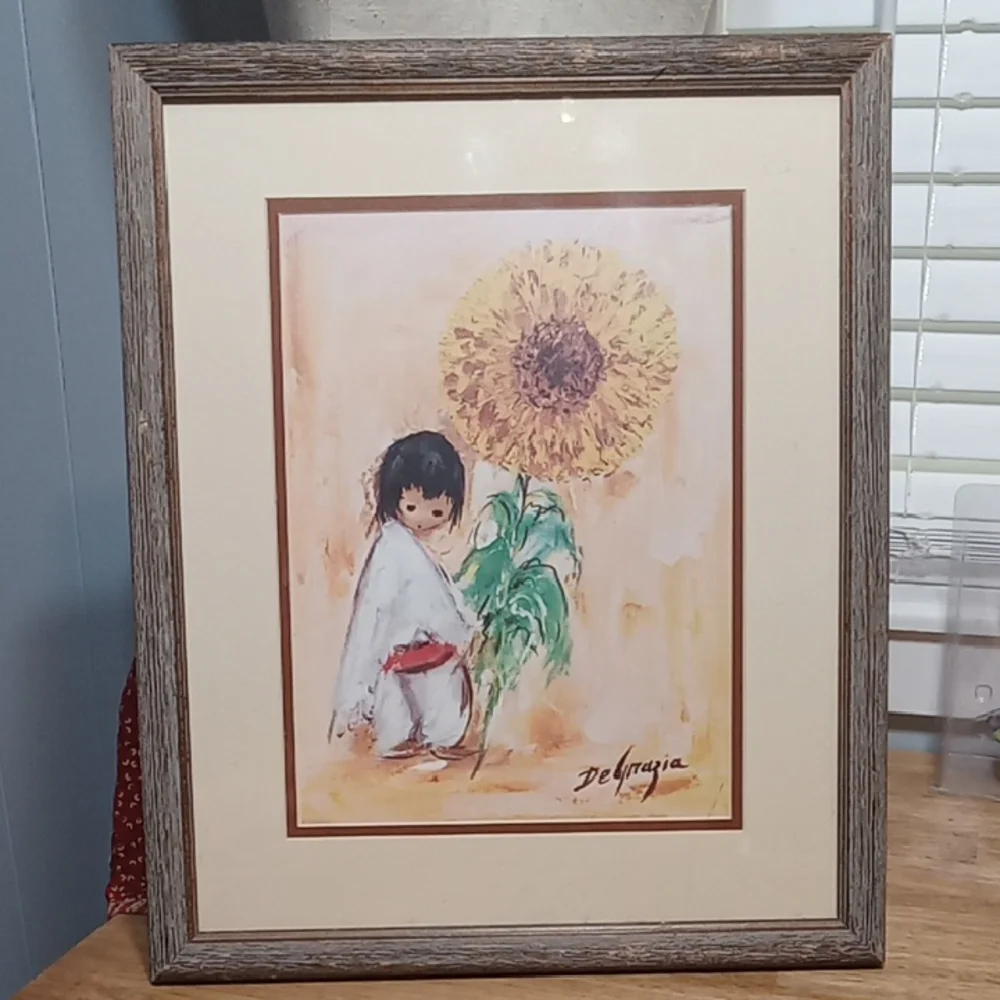 De Grazia Boy & Sunflower Art Print in Brown Frame 19x15 Vintage 1975 SW Decor - Picture 1 of 5